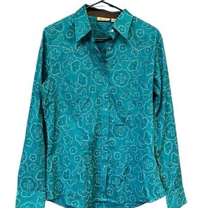 Wrangler western pearl snap shirt women M green floral long sleeve cowgirl